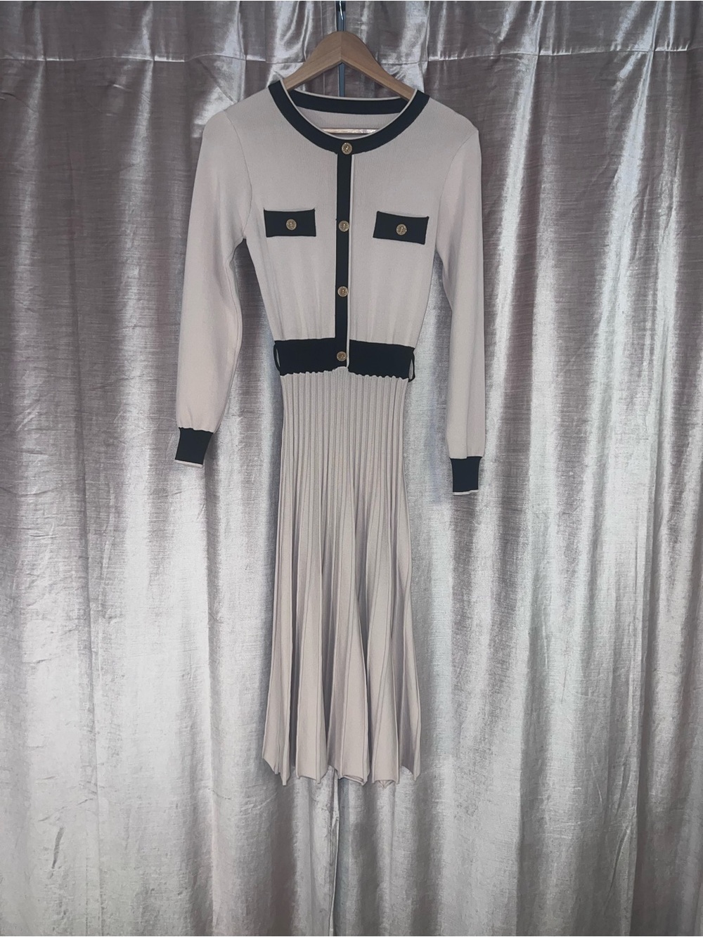 Cream Midi Dress with Black Trim and Gold Buttons